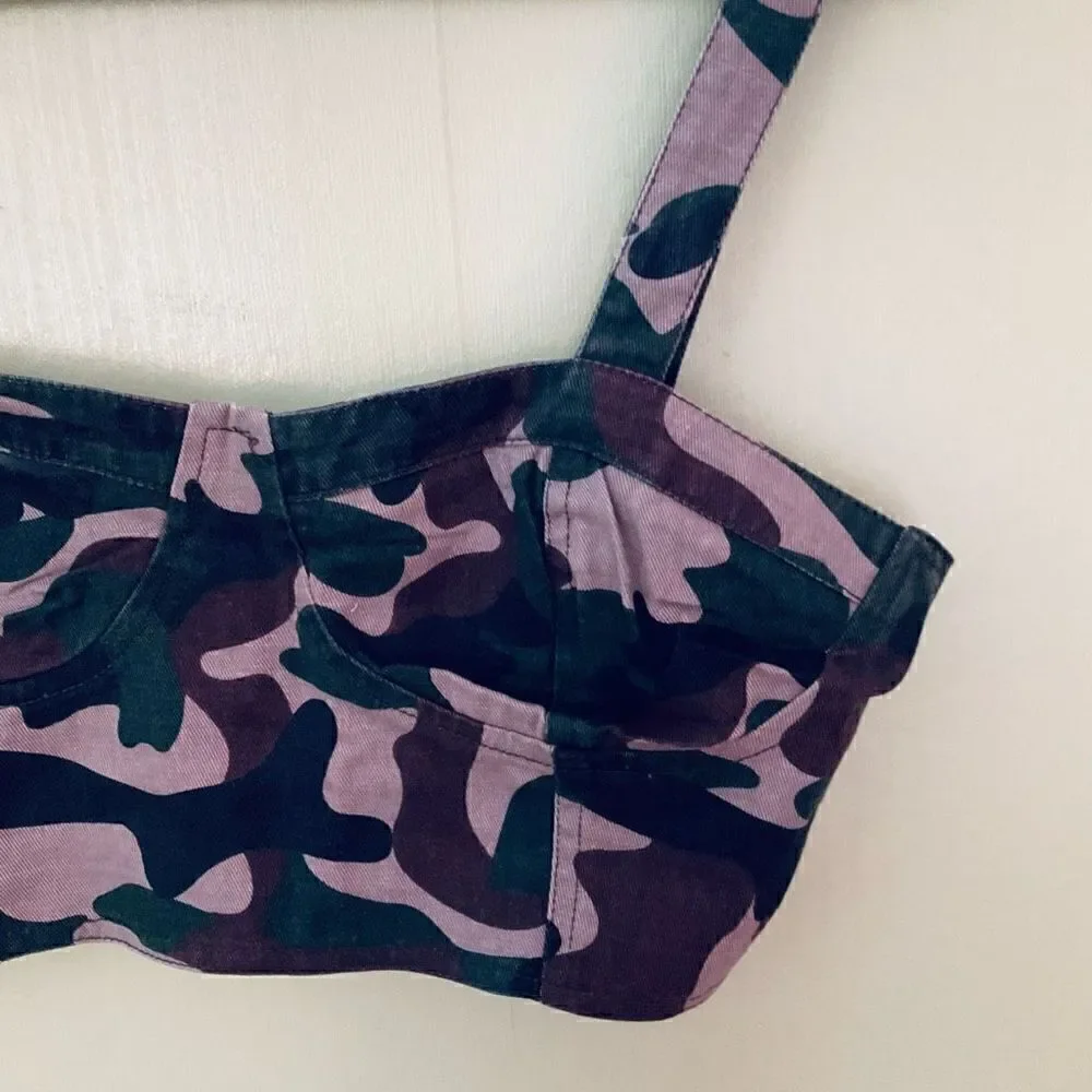Camo Cropped Bustier, Medium. Smocked Zip up Back. Adorable!